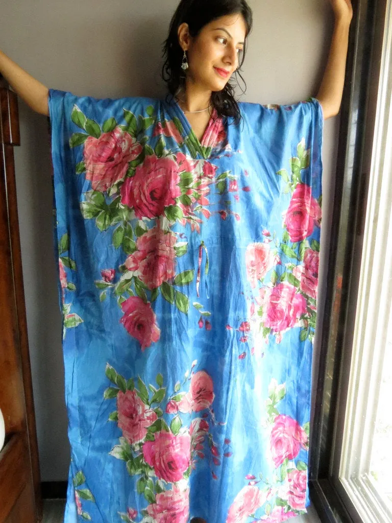 Indigo Blue Fuchsia Large Floral Blossom V-Neck, Ankle Length, Cinched Waist Caftan