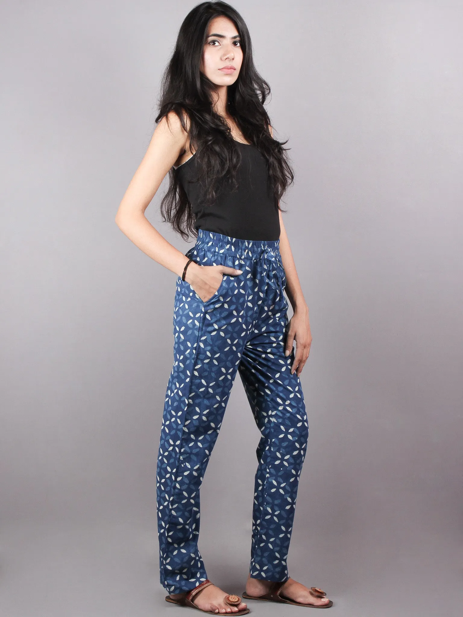 Indigo Hand Block Printed Elasticated Waist Trousers- T0317032