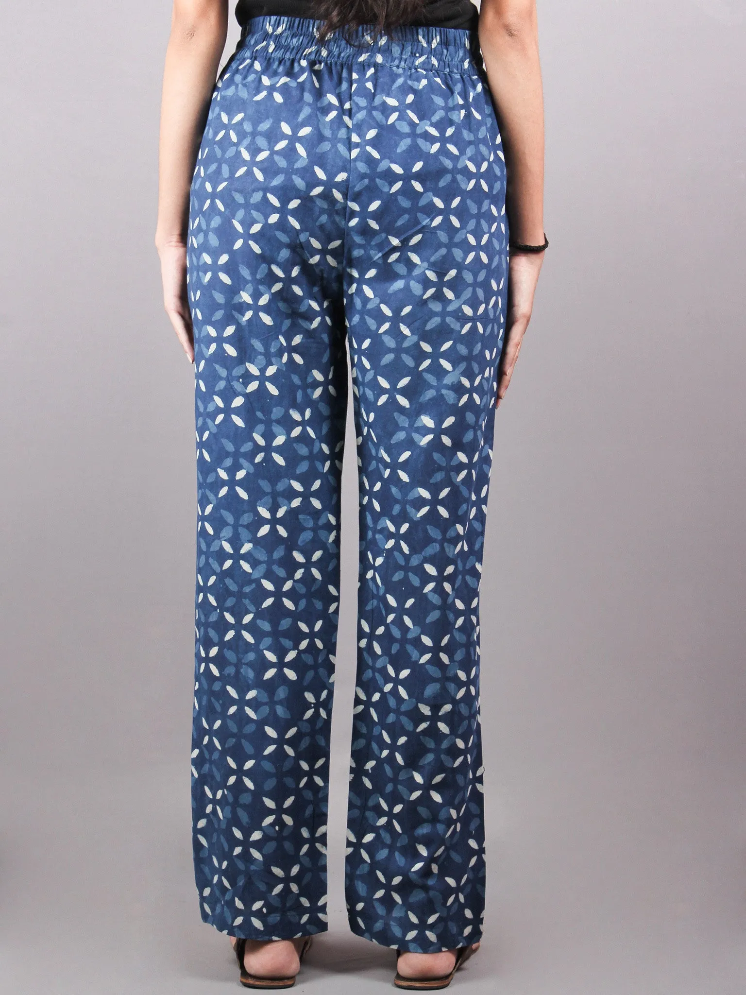 Indigo Hand Block Printed Elasticated Waist Trousers- T0317032