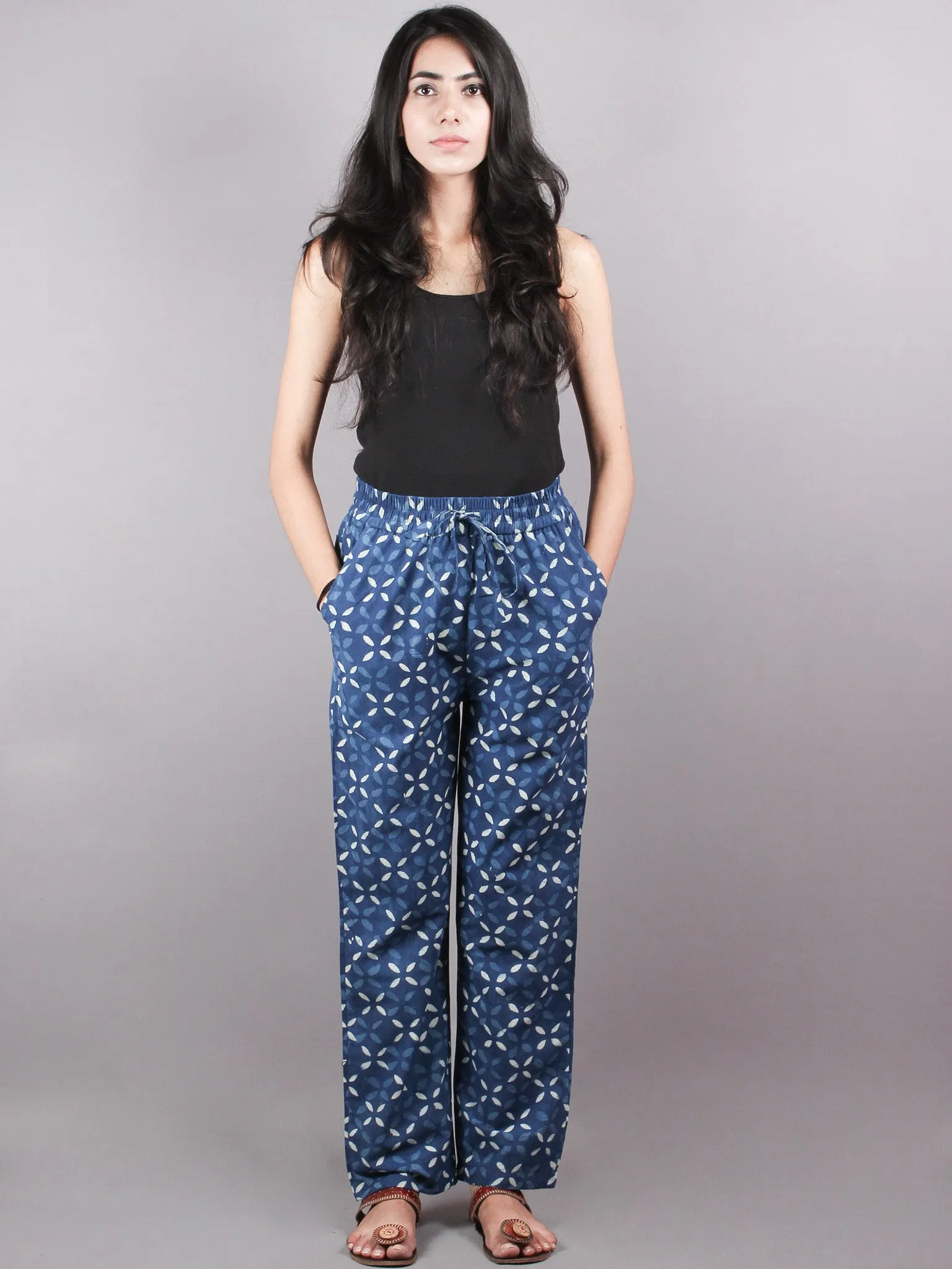 Indigo Hand Block Printed Elasticated Waist Trousers- T0317032