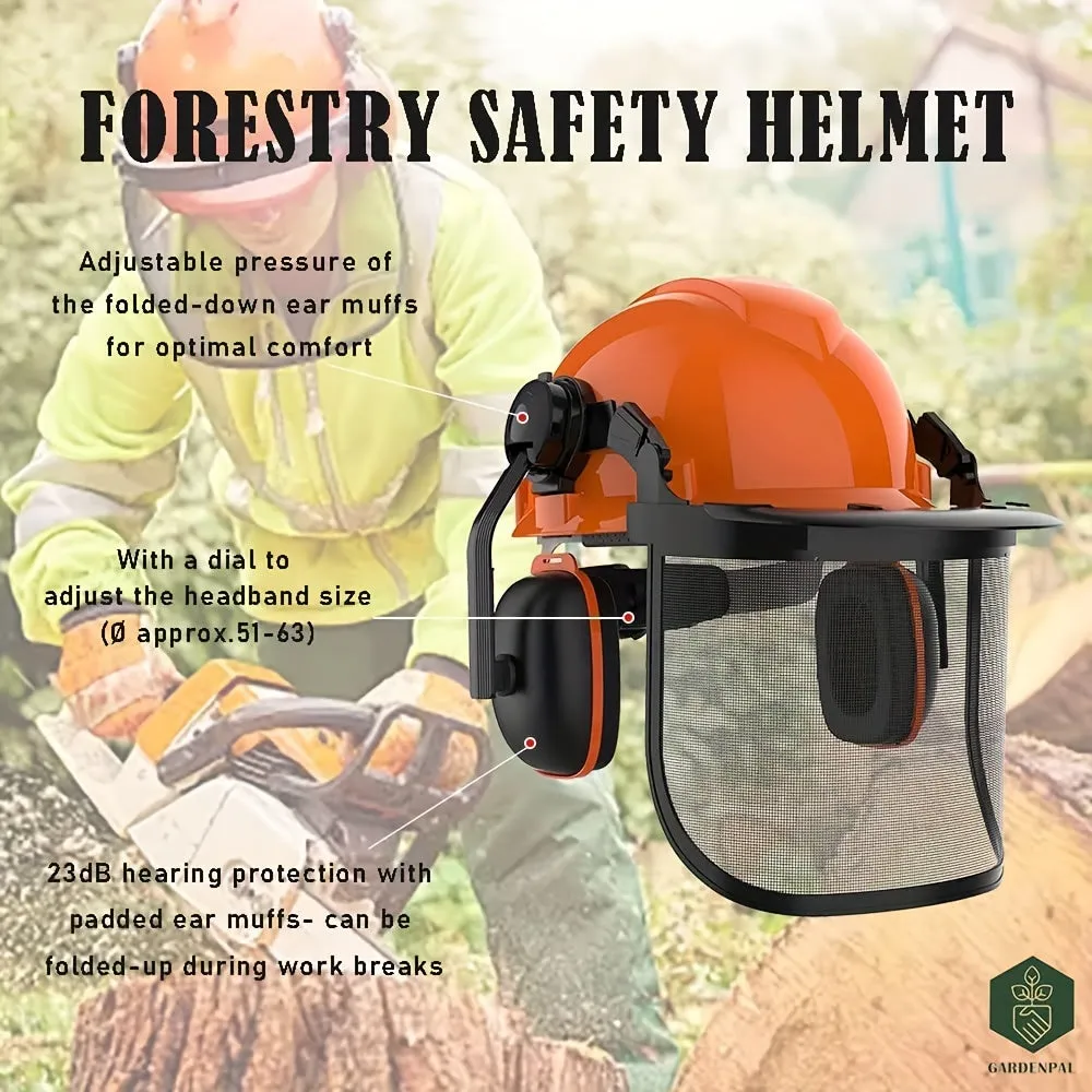 Industrial Forestry Safety Helmet And Hearing Protection System, With Mesh Face Protection, Safety Helmet With Ear Muffs, Chainsaw Helmet, Chainsaw Face Shield, Arborist Helmet, (Orange)