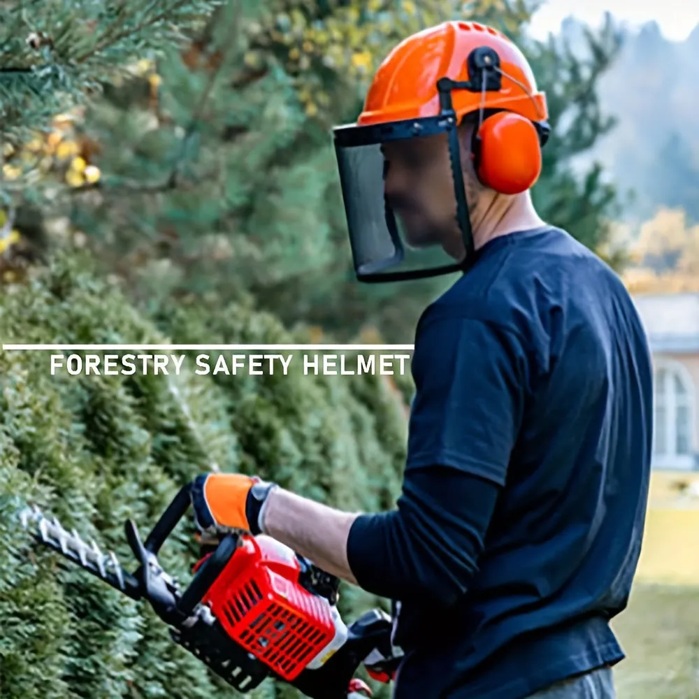 Industrial Forestry Safety Helmet And Hearing Protection System, With Mesh Face Protection, Safety Helmet With Ear Muffs, Chainsaw Helmet, Chainsaw Face Shield, Arborist Helmet, (Orange)