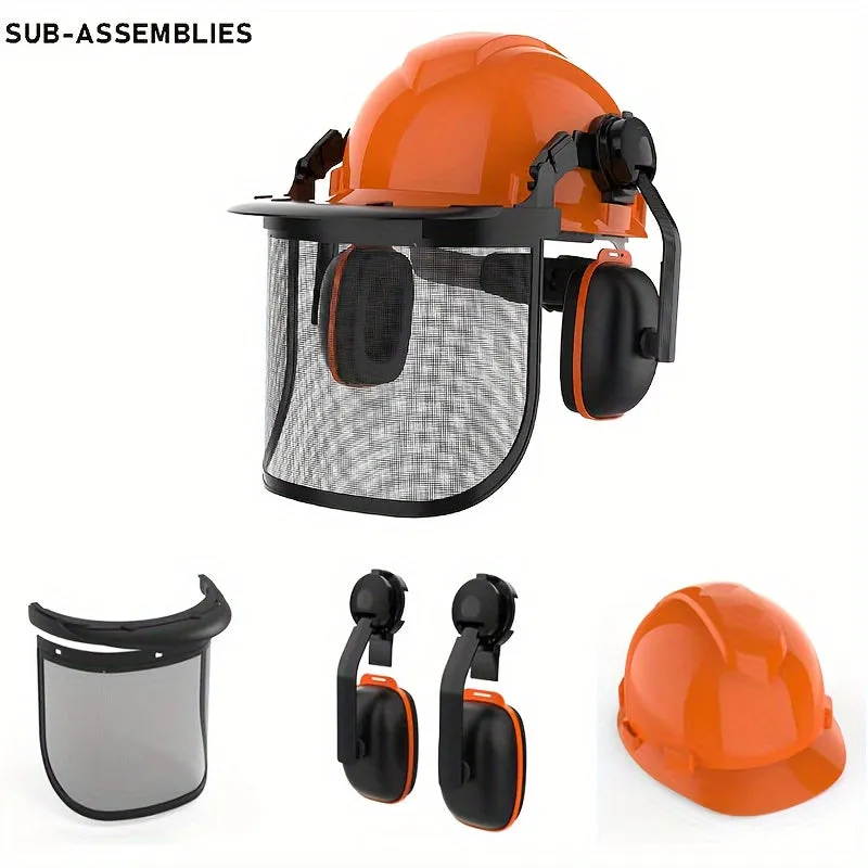 Industrial Forestry Safety Helmet And Hearing Protection System, With Mesh Face Protection, Safety Helmet With Ear Muffs, Chainsaw Helmet, Chainsaw Face Shield, Arborist Helmet, (Orange)