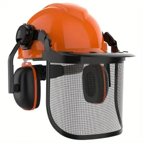 Industrial Forestry Safety Helmet And Hearing Protection System, With Mesh Face Protection, Safety Helmet With Ear Muffs, Chainsaw Helmet, Chainsaw Face Shield, Arborist Helmet, (Orange)