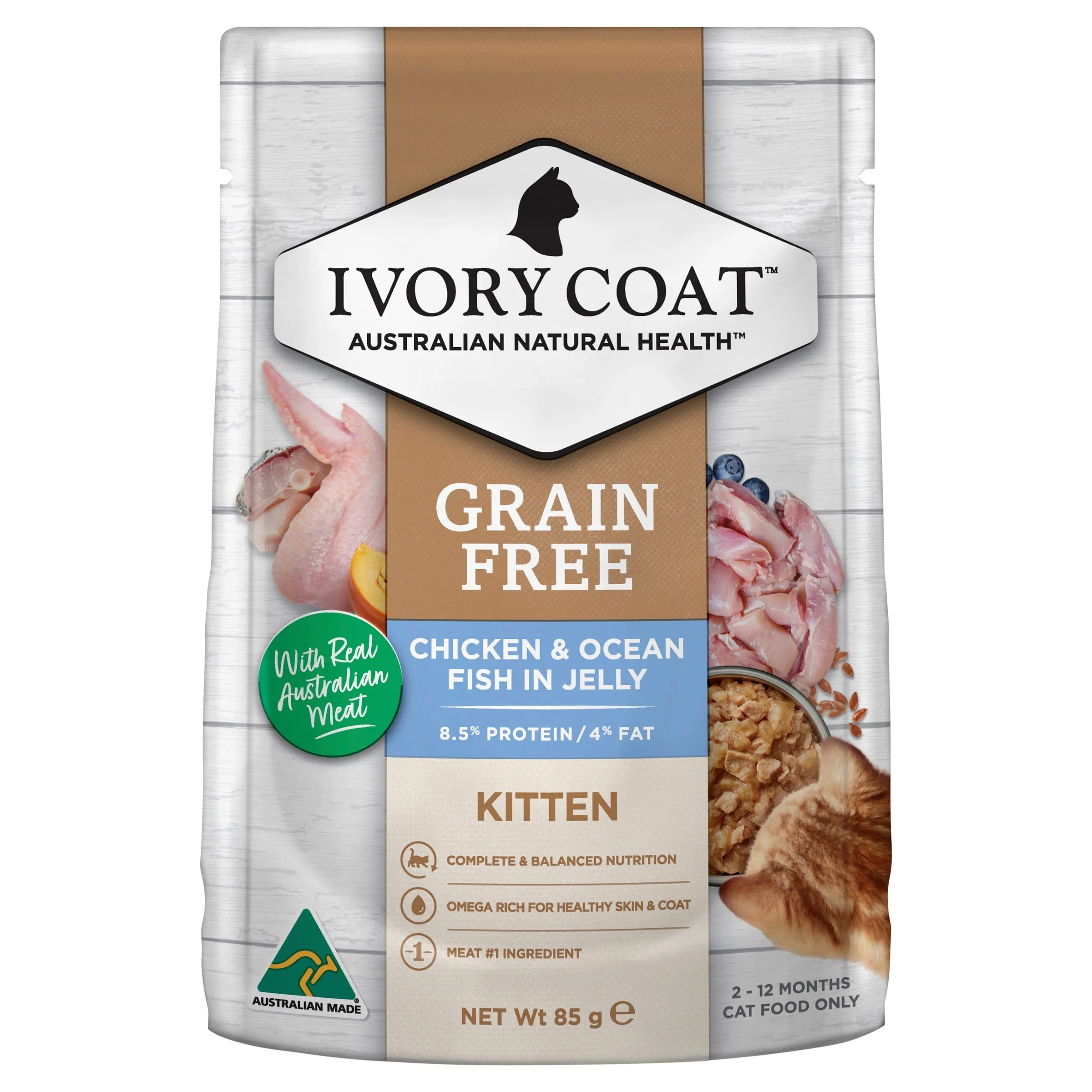 Ivory Coat Grain Free Chicken and Ocean Fish in Jelly Kitten Wet Food 85g x 12