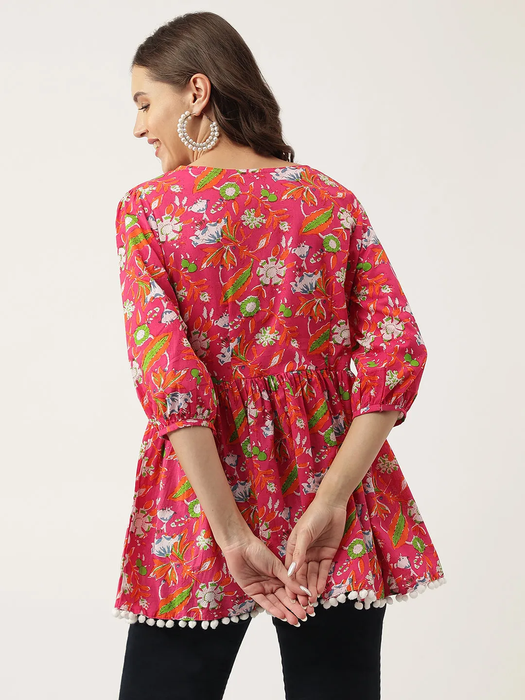 Jashvi Pink Floral Printed Cotton Peplum Fit Top