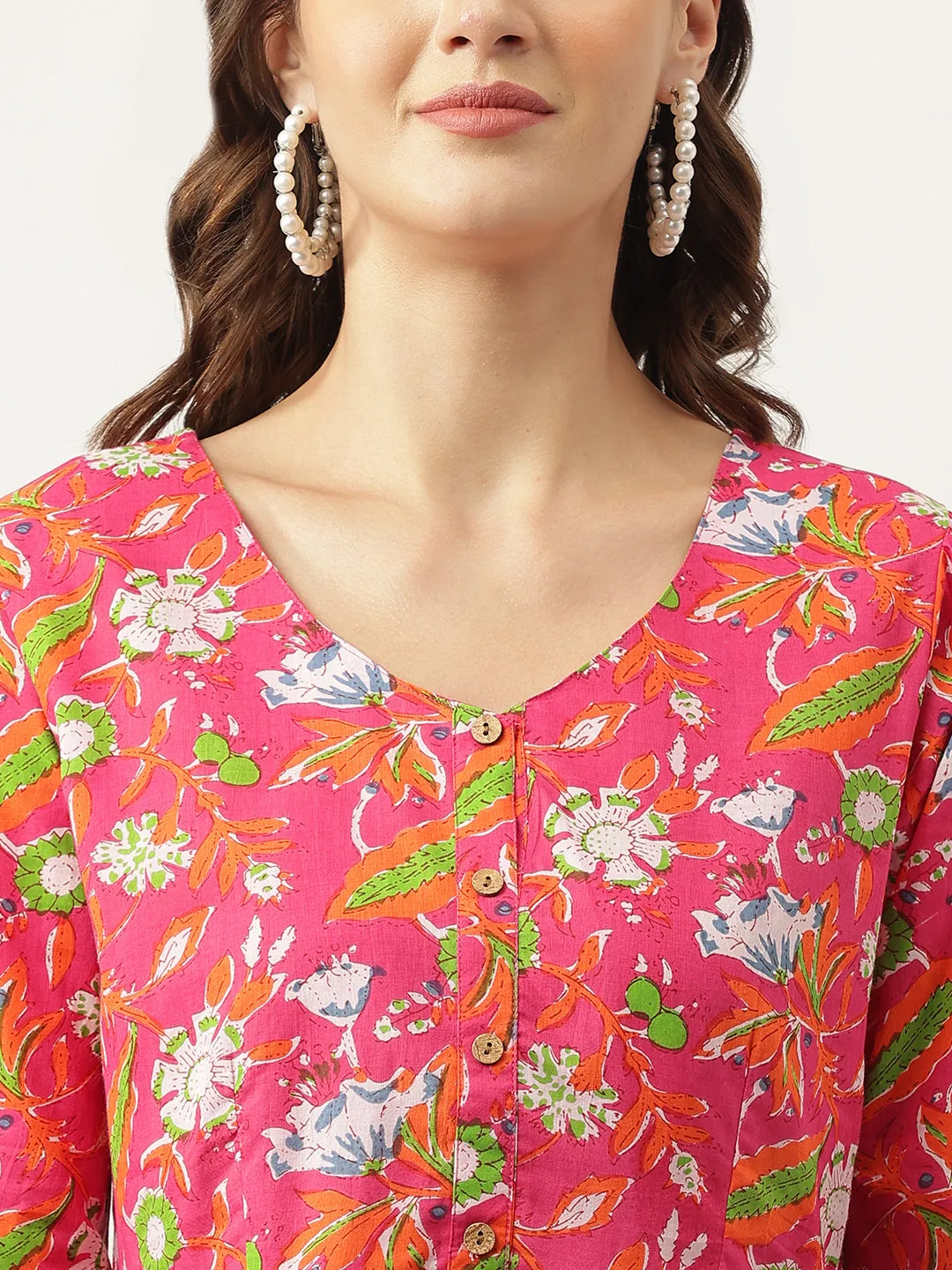 Jashvi Pink Floral Printed Cotton Peplum Fit Top