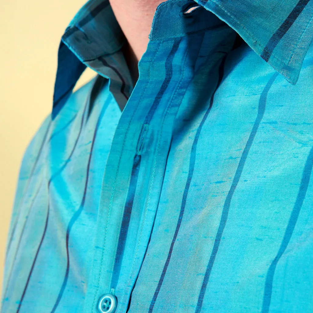 Jheel Blue Turq Striped Men's Silk Shirt