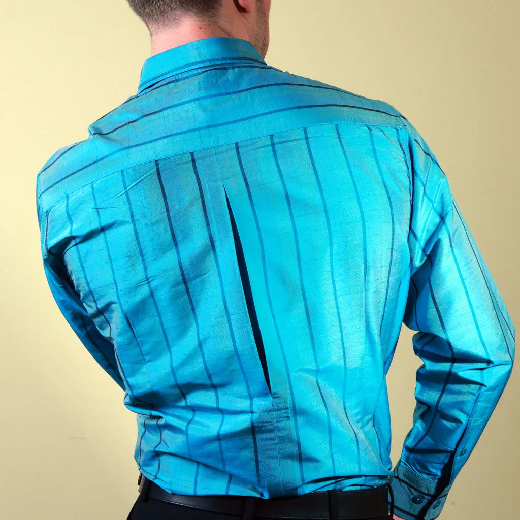 Jheel Blue Turq Striped Men's Silk Shirt