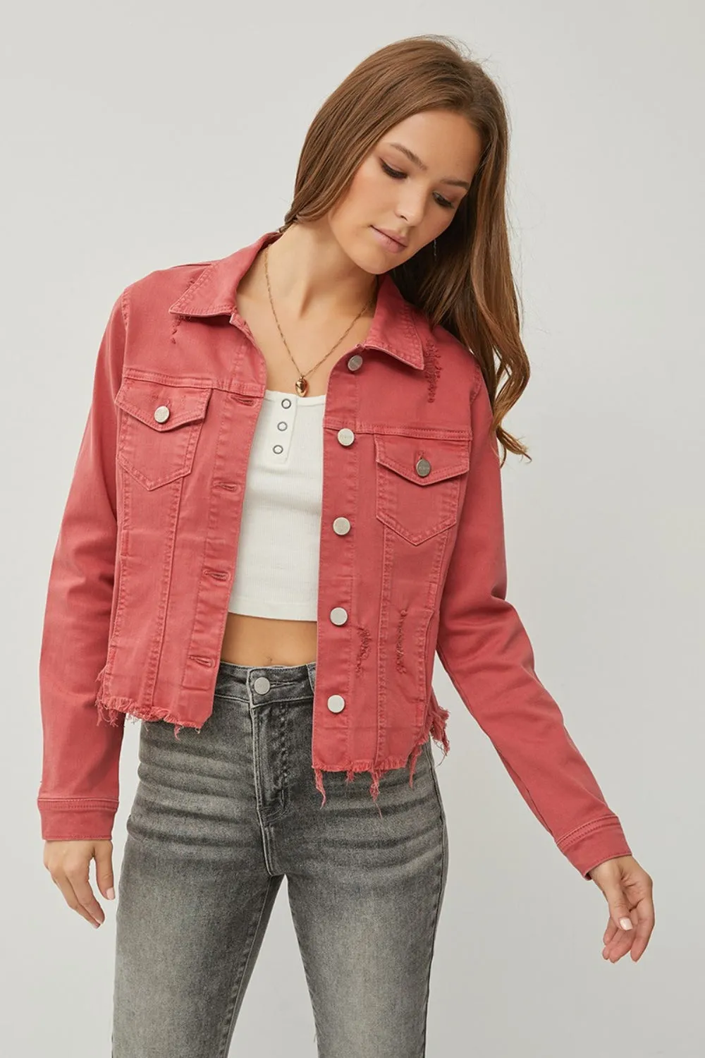 KESLEY Denim Jacket Pink Red Raw Hem Button Up Cropped Women's Jean Jacket