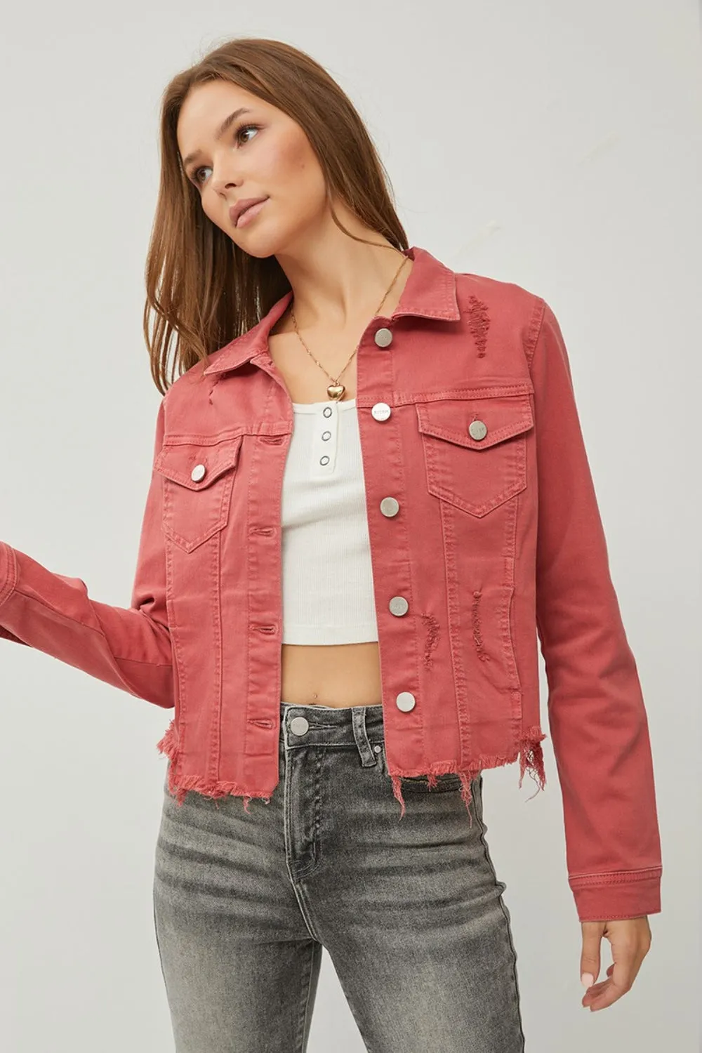 KESLEY Denim Jacket Pink Red Raw Hem Button Up Cropped Women's Jean Jacket