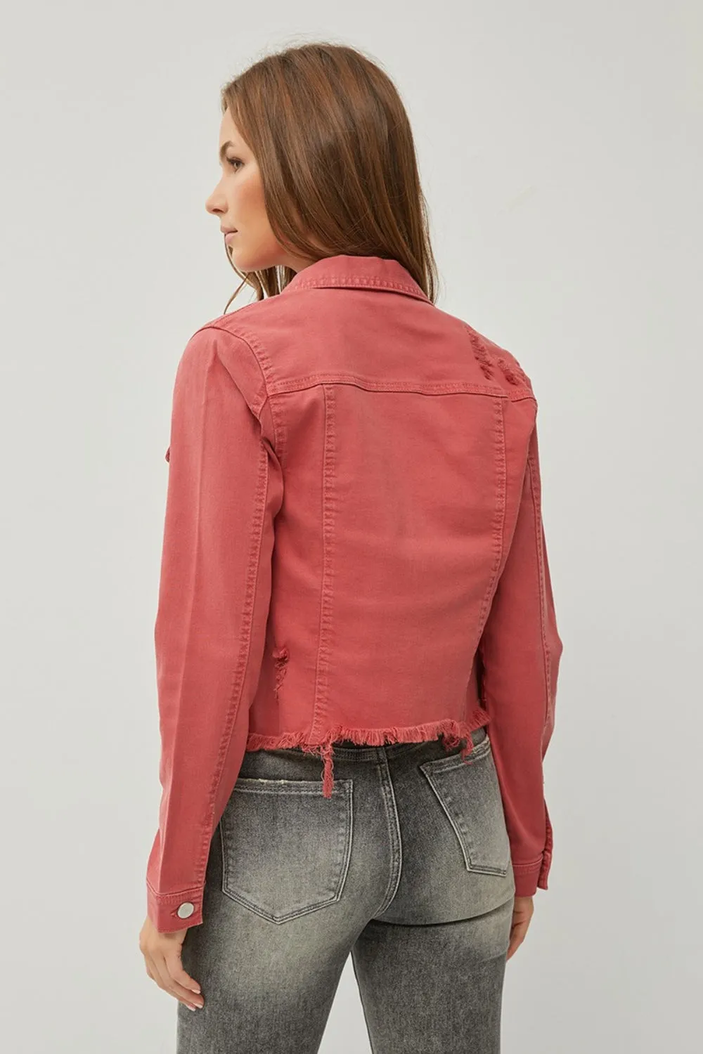 KESLEY Denim Jacket Pink Red Raw Hem Button Up Cropped Women's Jean Jacket