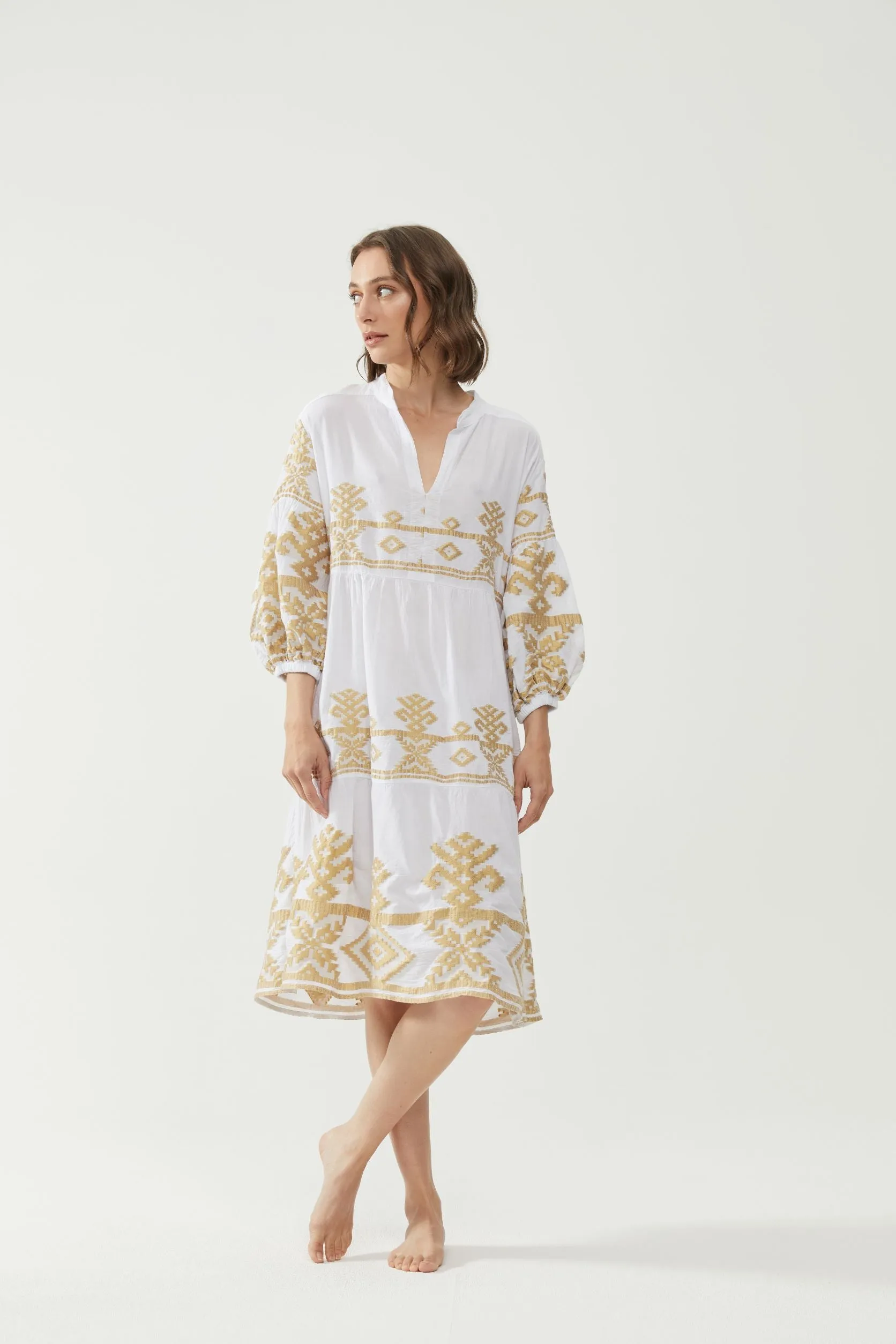 Kiitos Long Carmen Dress - White/Gold