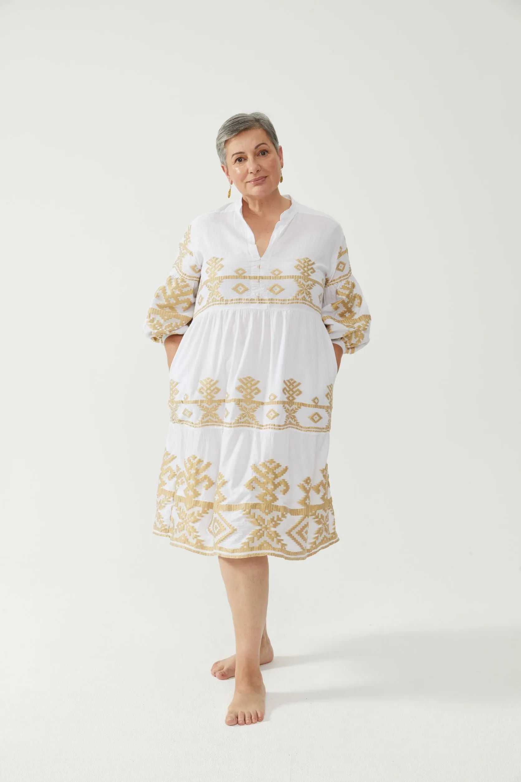 Kiitos Long Carmen Dress - White/Gold