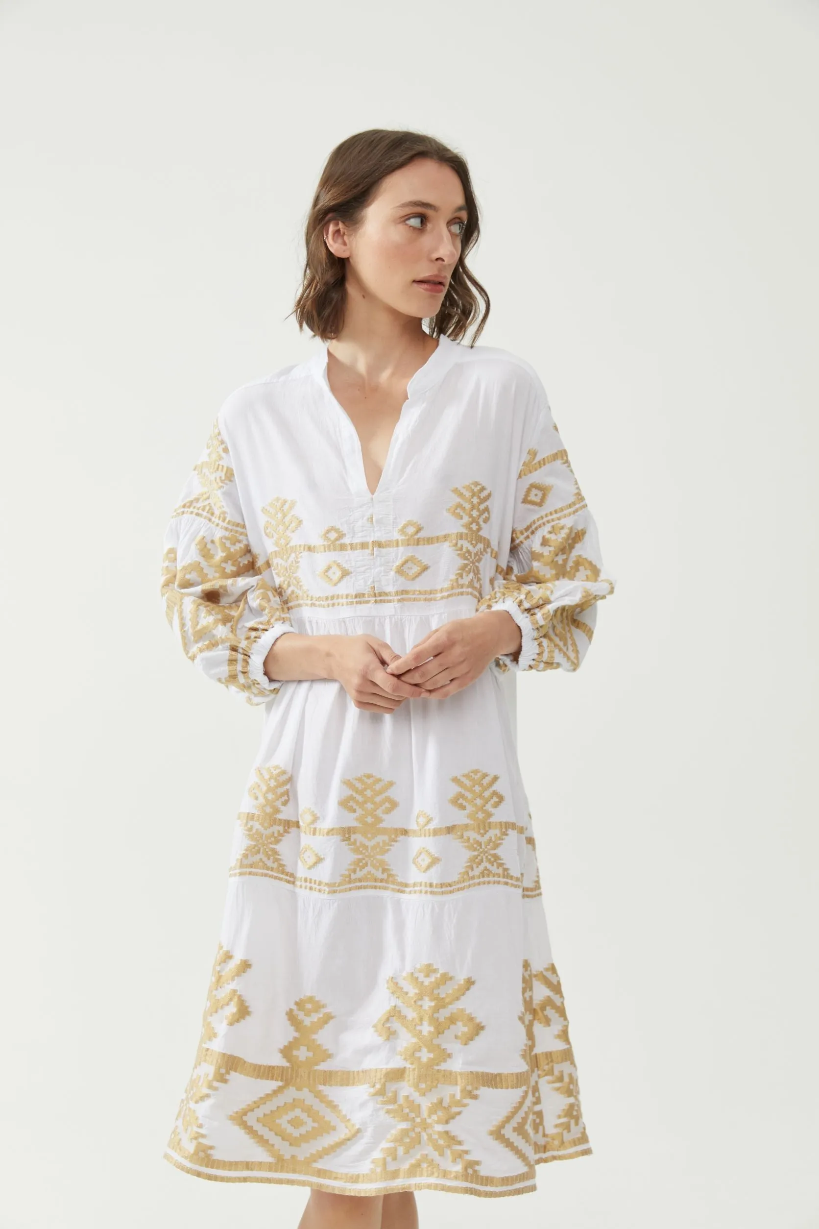 Kiitos Long Carmen Dress - White/Gold