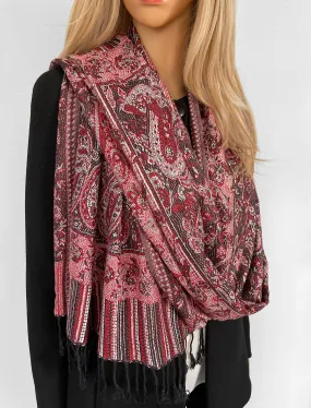 LARGE RED BLACK PAISLEY PRINT REVERSIBLE PASHMINA SHAWL SCARF WITH TASSELS