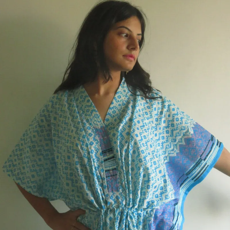 Light Blue Geometric Chevron V-Neck Button Down to Waist, Ankle Length, Cinched Waist Caftan