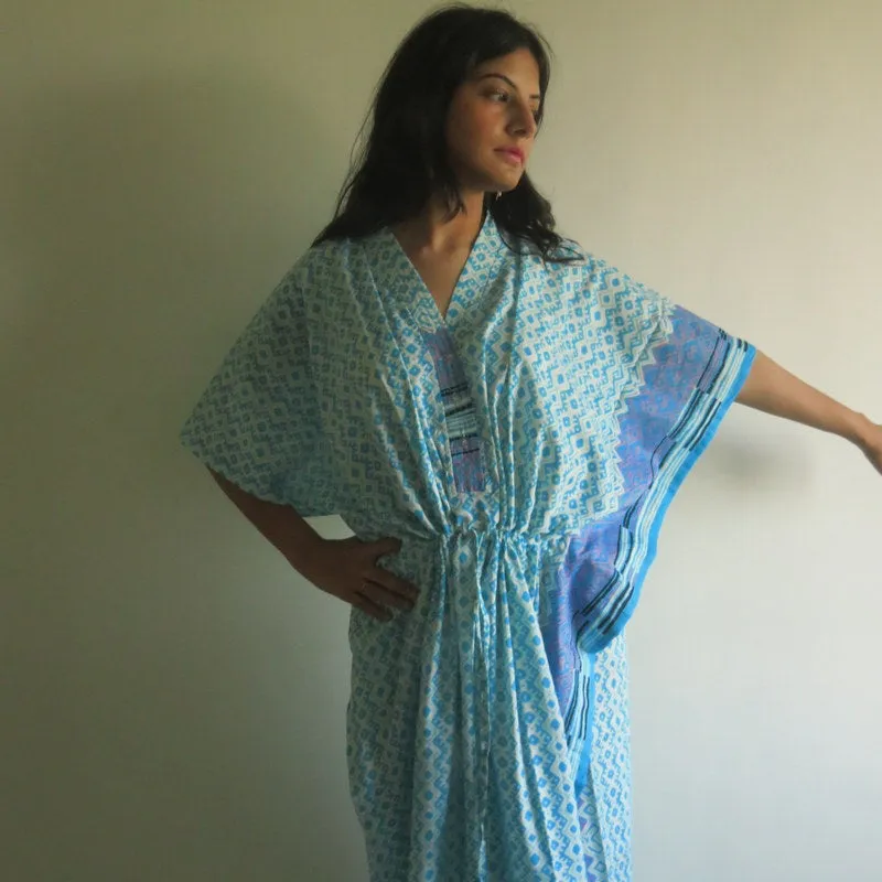 Light Blue Geometric Chevron V-Neck Button Down to Waist, Ankle Length, Cinched Waist Caftan