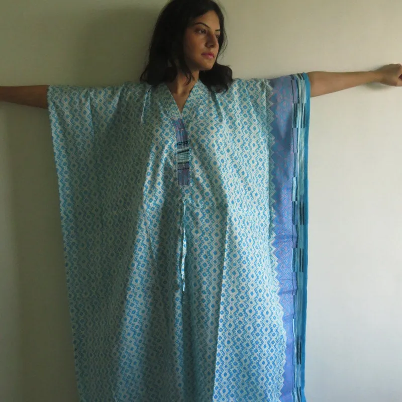 Light Blue Geometric Chevron V-Neck Button Down to Waist, Ankle Length, Cinched Waist Caftan