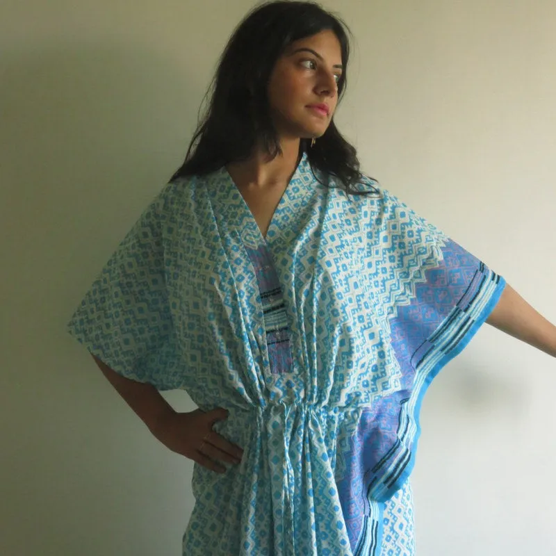 Light Blue Geometric Chevron V-Neck Button Down to Waist, Ankle Length, Cinched Waist Caftan