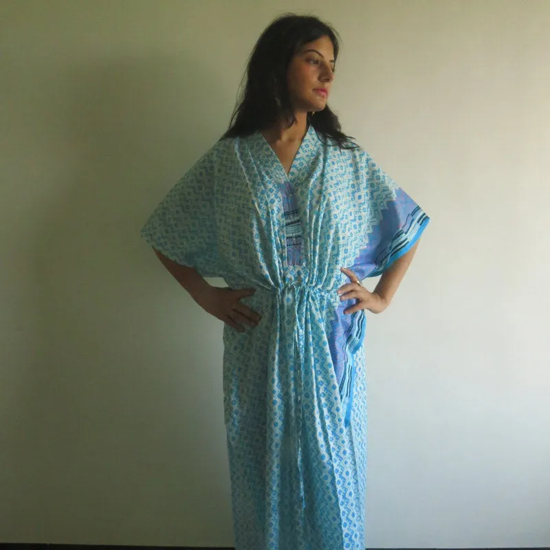 Light Blue Geometric Chevron V-Neck Button Down to Waist, Ankle Length, Cinched Waist Caftan