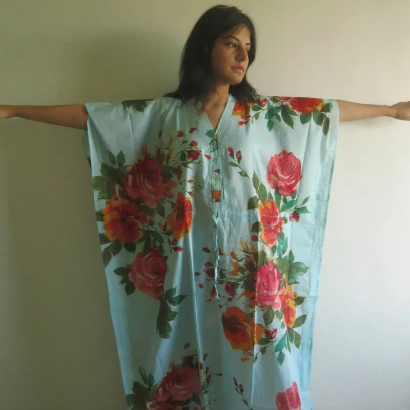 Light Blue Large Floral Blossom V-Neck Button Down to Waist, Ankle Length, Cinched Waist Caftan