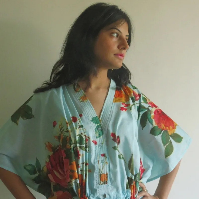 Light Blue Large Floral Blossom V-Neck Button Down to Waist, Ankle Length, Cinched Waist Caftan