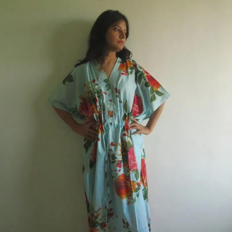 Light Blue Large Floral Blossom V-Neck Button Down to Waist, Ankle Length, Cinched Waist Caftan