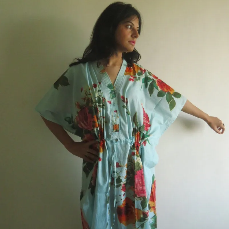 Light Blue Large Floral Blossom V-Neck Button Down to Waist, Ankle Length, Cinched Waist Caftan