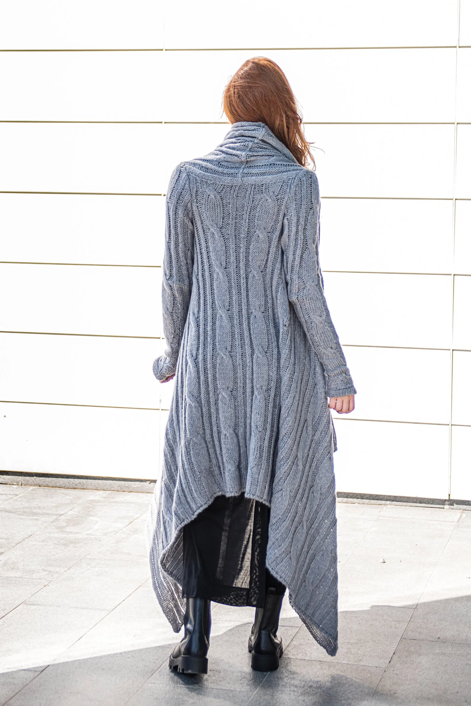 Long Asymmetrical Knit Cardigan with Draped Front