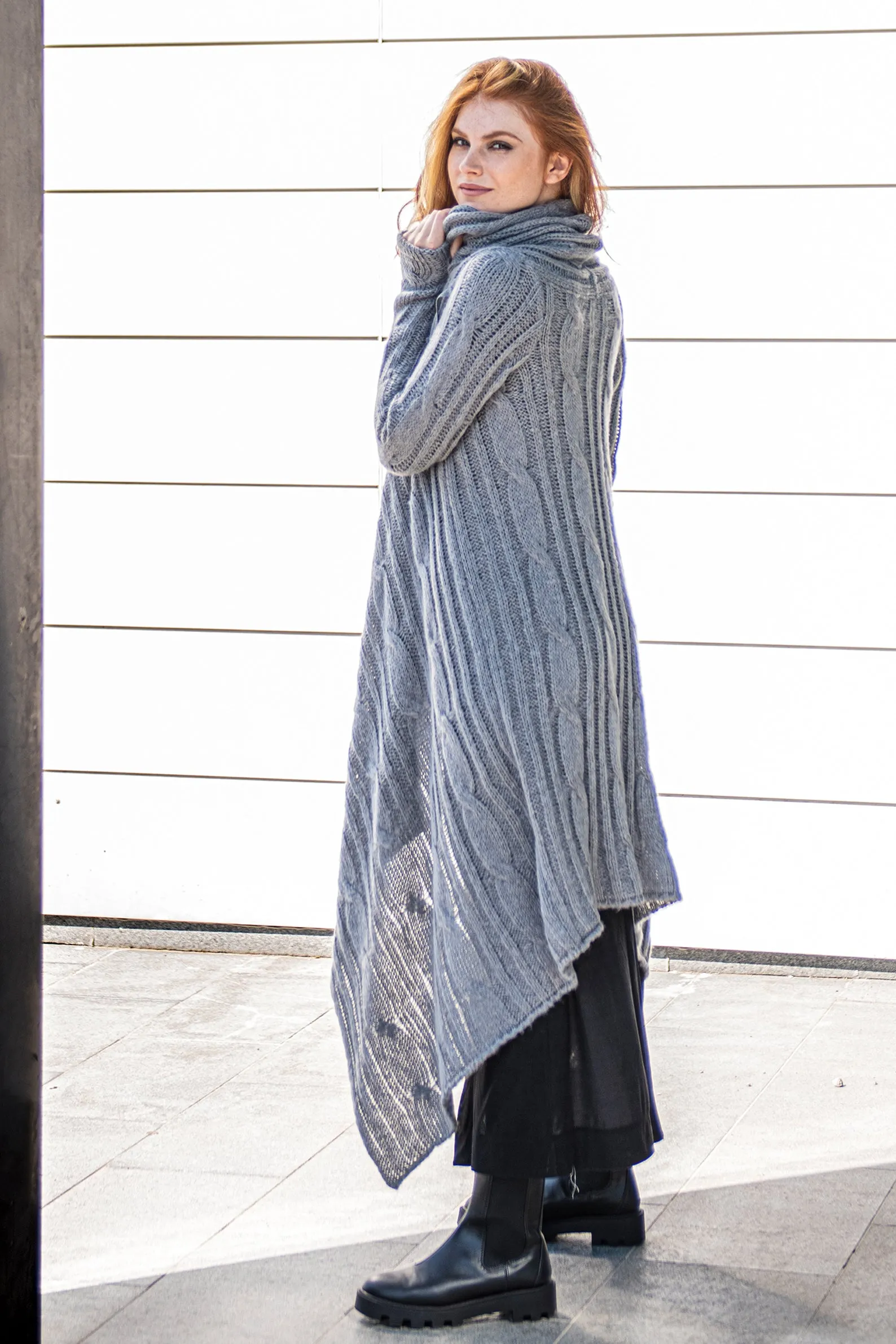 Long Asymmetrical Knit Cardigan with Draped Front