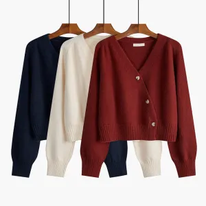 Loose Women Cardigan Sweater Knit Fall Long Sleeve Cute Single Button Crop Sweater  Fashion V Neck All Match Short Jacket