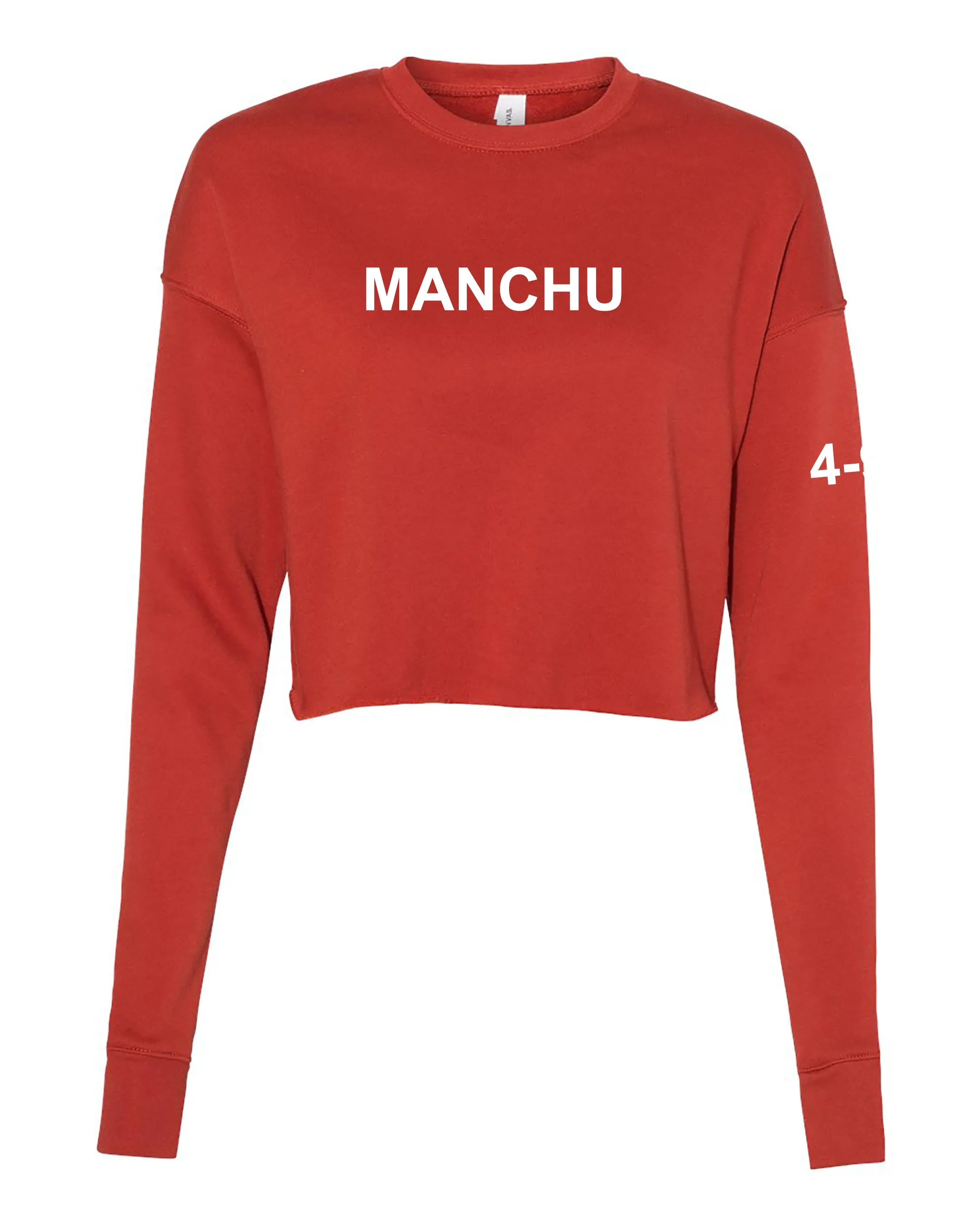 Manchu Women's Cropped Crew Fleece, (Text on Back). Comes in different colors and designs