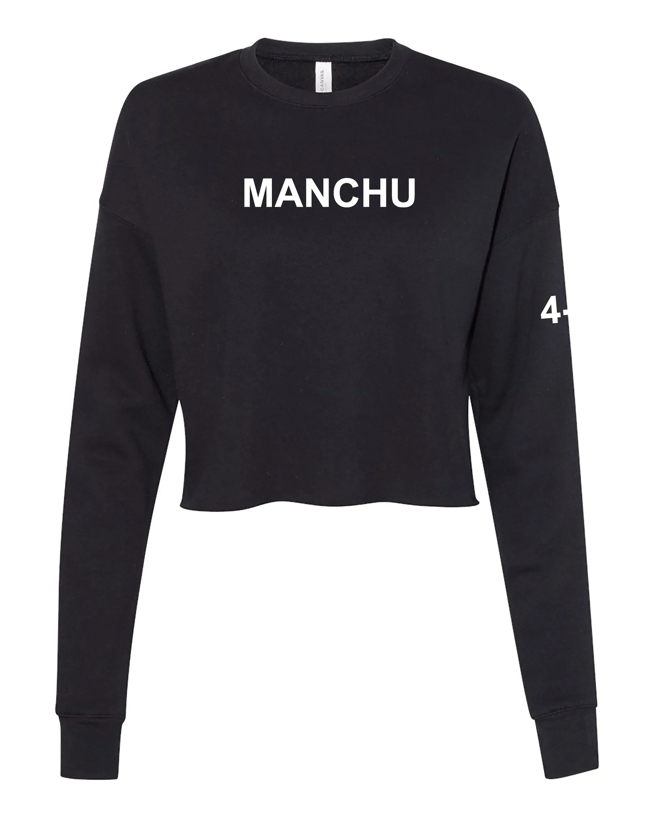 Manchu Women's Cropped Crew Fleece, (Text on Back). Comes in different colors and designs