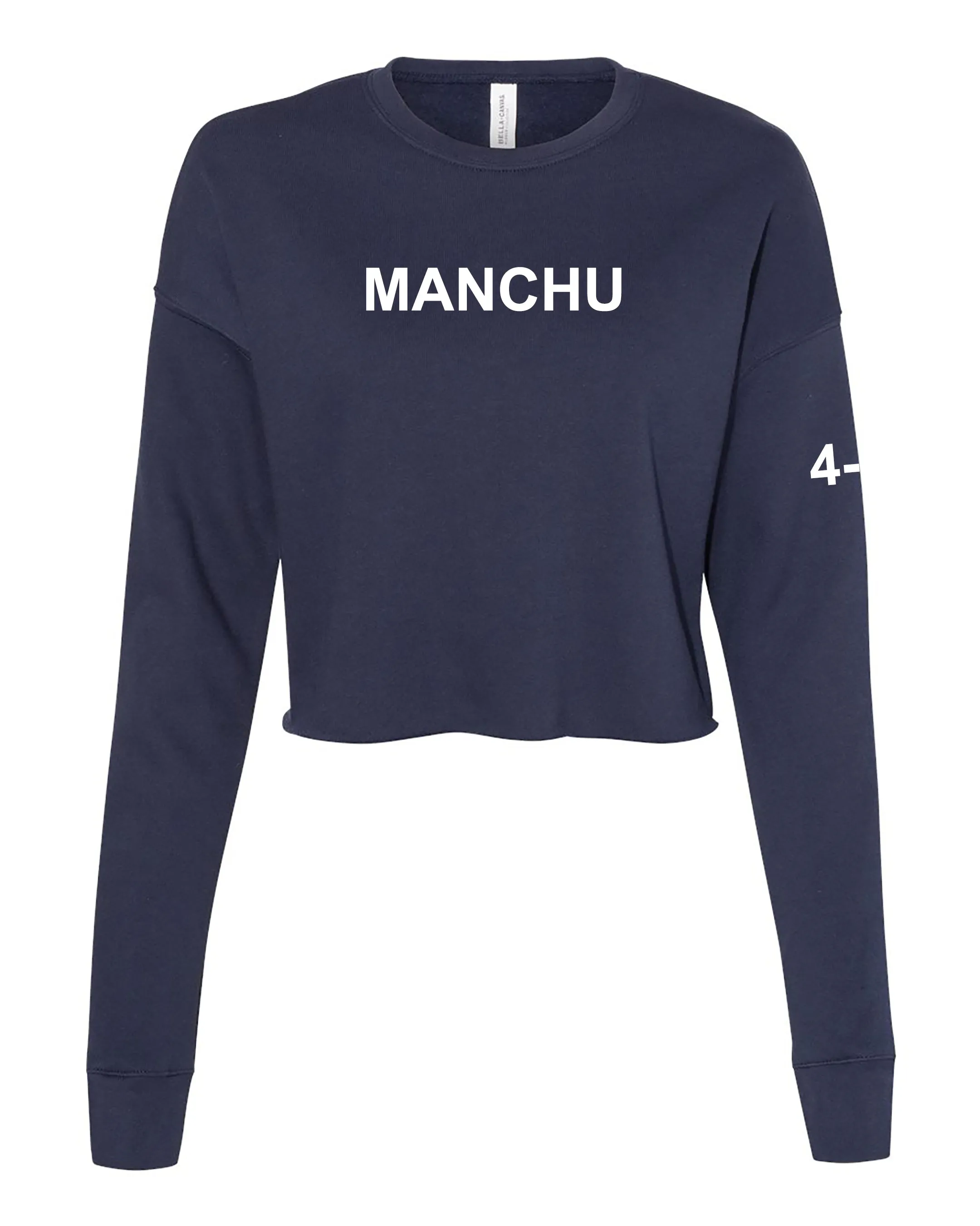 Manchu Women's Cropped Crew Fleece, (Text on Back). Comes in different colors and designs