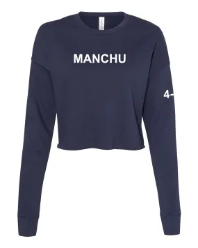 Manchu Women's Cropped Crew Fleece, (Text on Back). Comes in different colors and designs