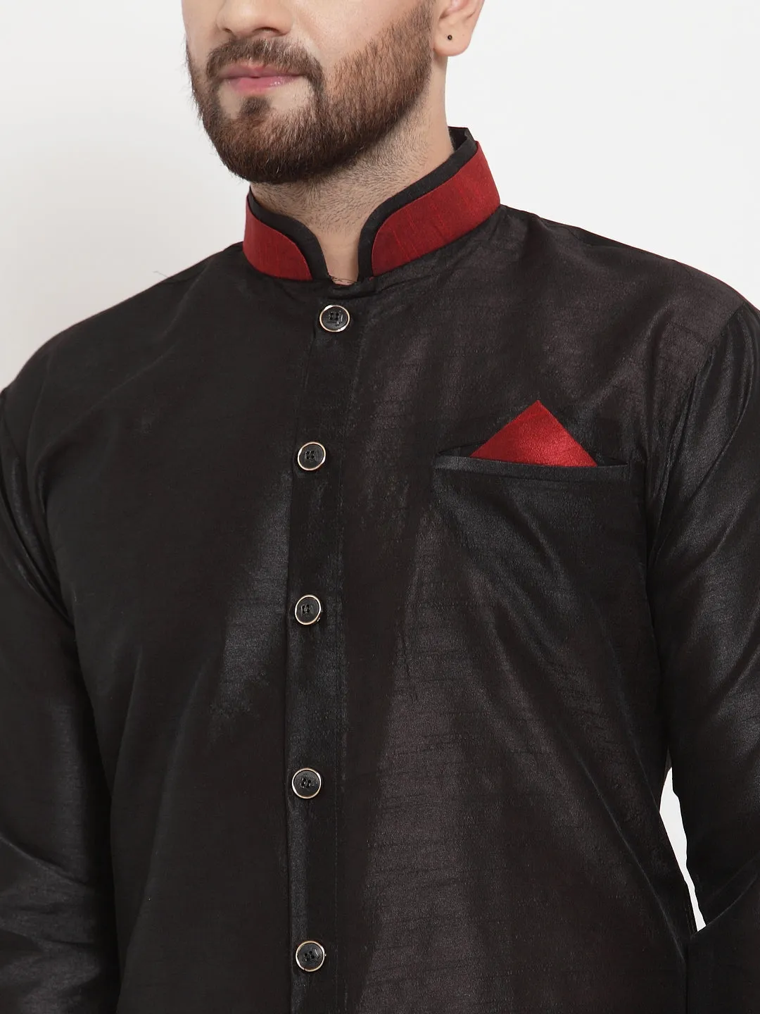 Men's Black Solid Kurta With Maroon Churidaar Pyjama Set - Benstoke