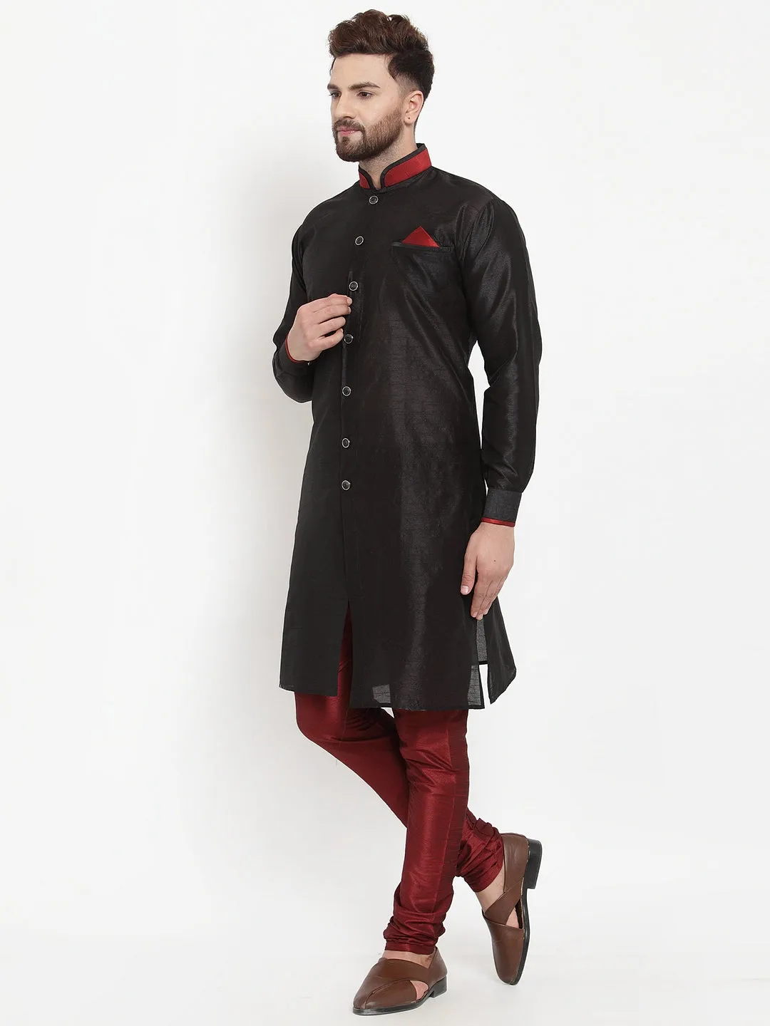 Men's Black Solid Kurta With Maroon Churidaar Pyjama Set - Benstoke