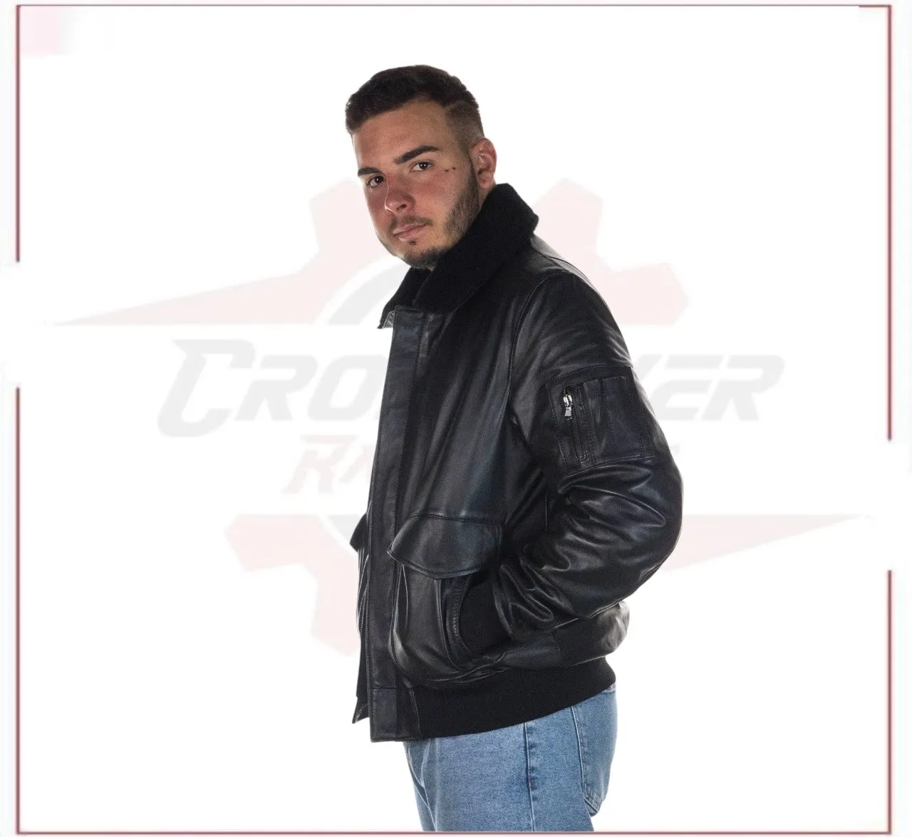 Men's Bomber Jacket in Genuine Black Leather with Real Black Shearling Collar