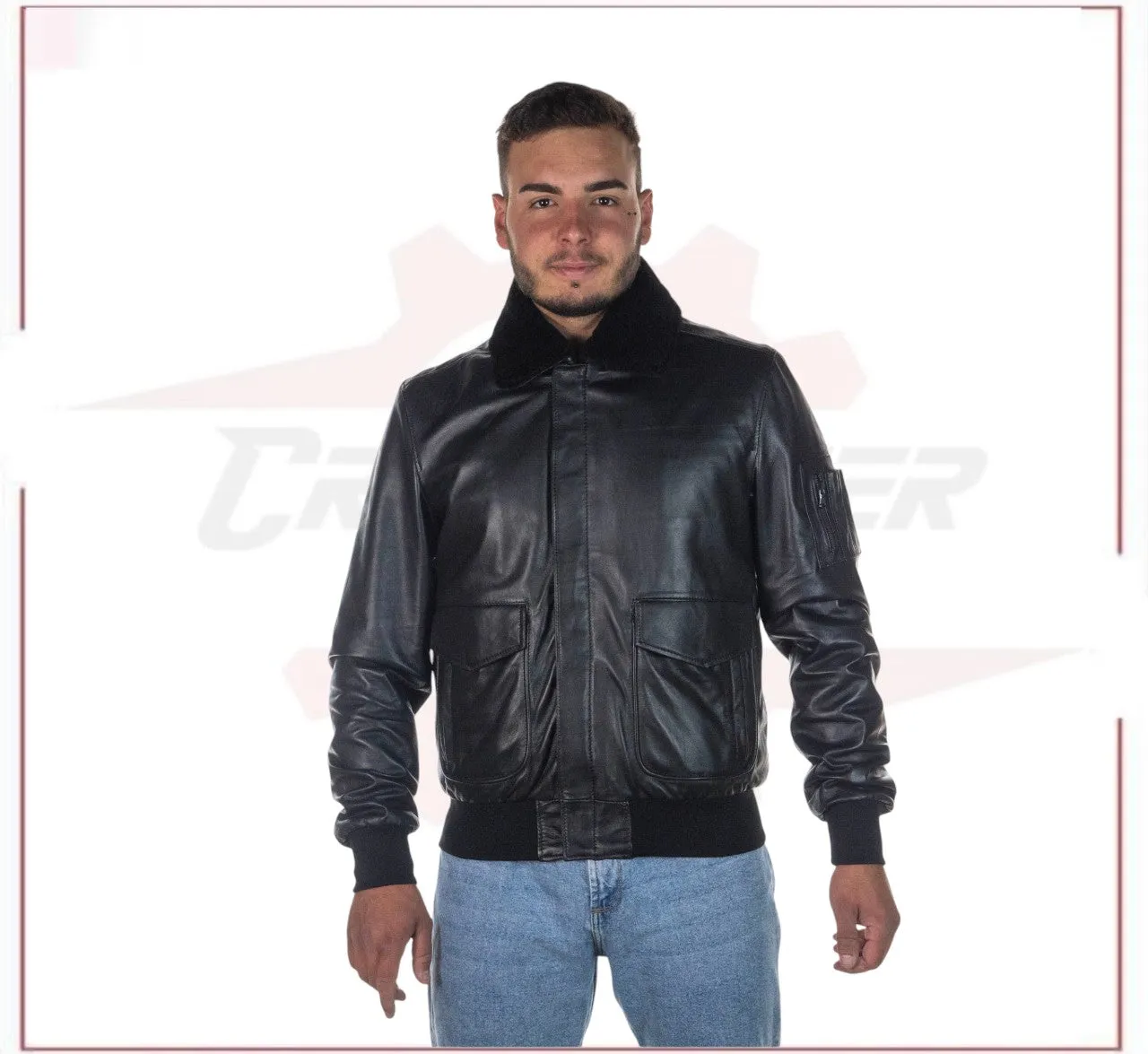 Men's Bomber Jacket in Genuine Black Leather with Real Black Shearling Collar