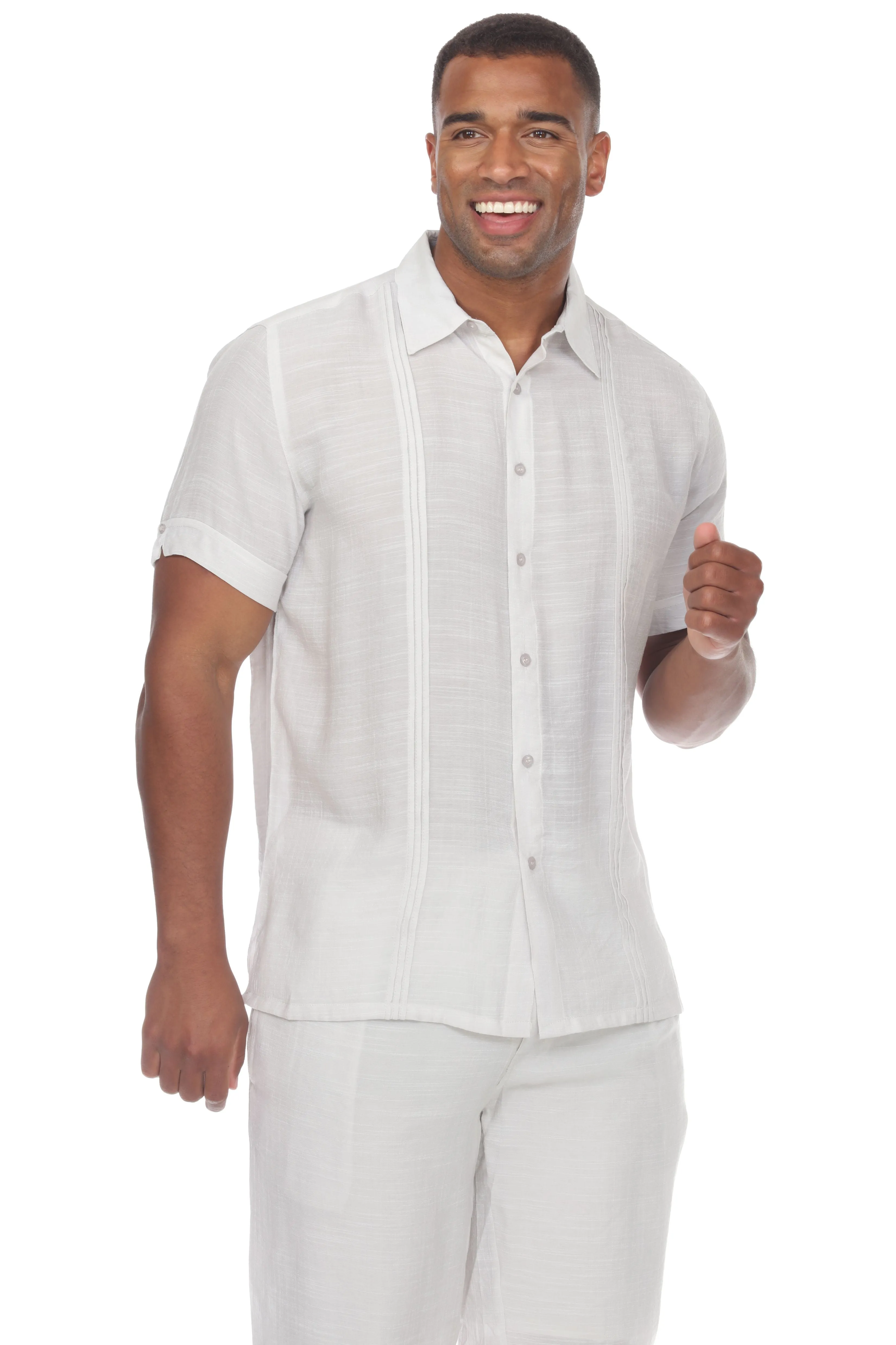 Men's Button Down Beachwear Short Sleeve Shirt with Pleating Design