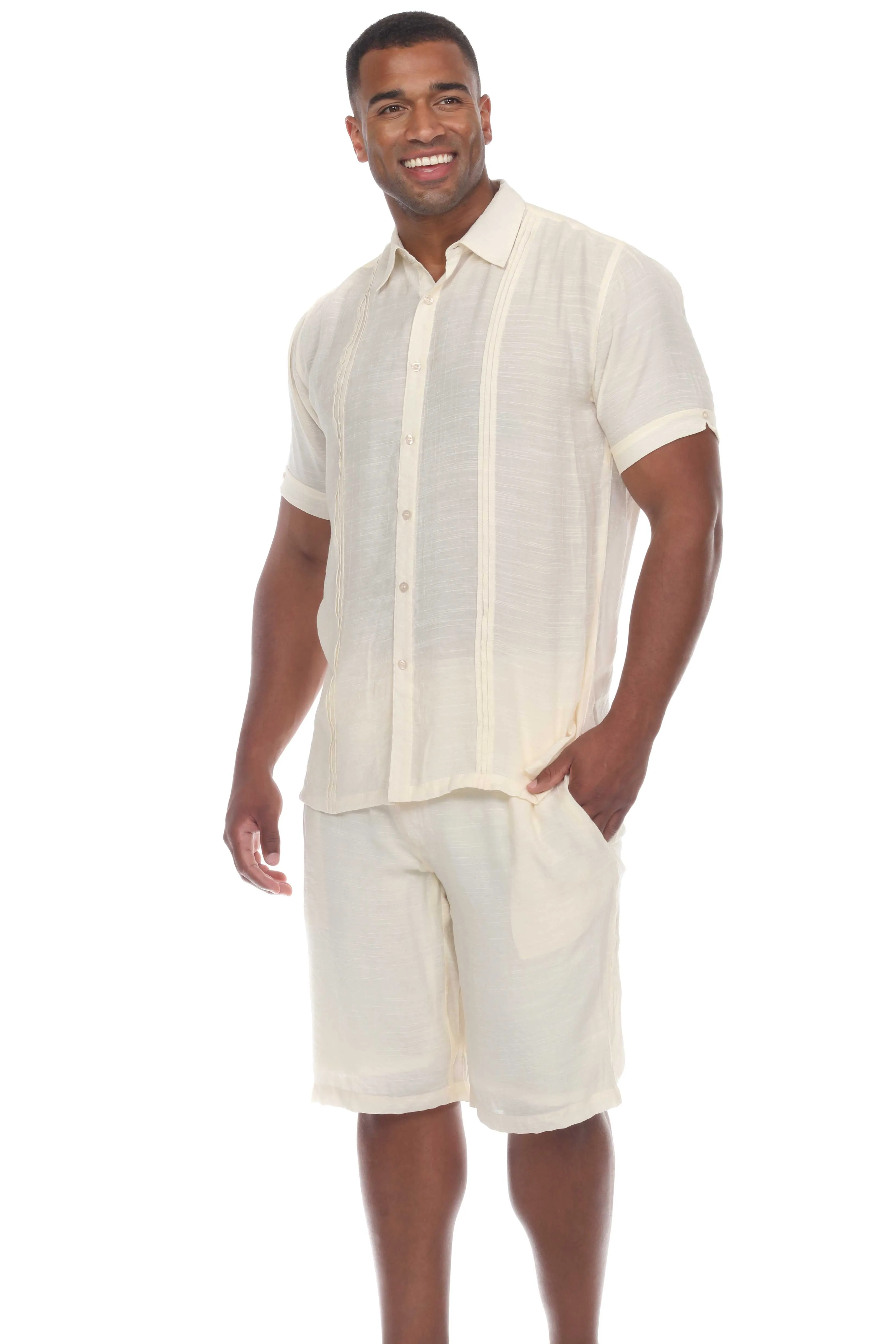 Men's Button Down Beachwear Short Sleeve Shirt with Pleating Design