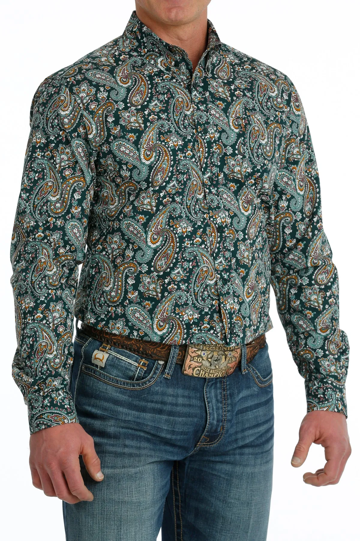 Men's Cinch Turquoise Paisley Modern Fit Long Sleeve Button Down Shirt - MTW1347096