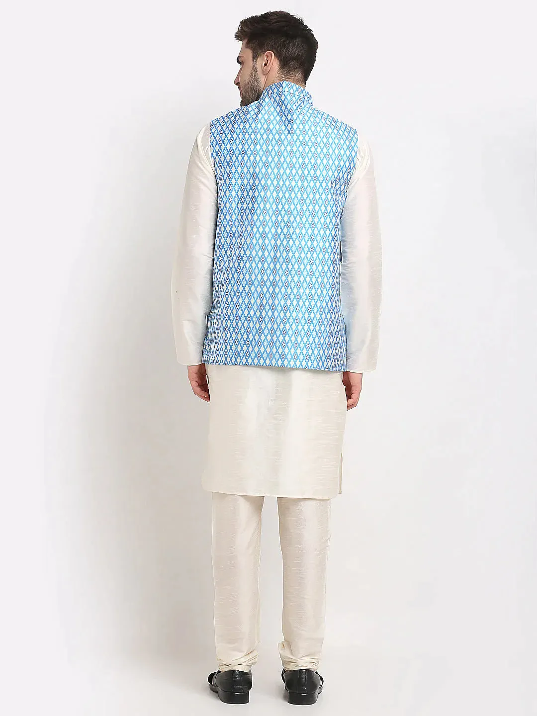 Men'S Ikat Print Nehru Jacket & Kurta Pyjama