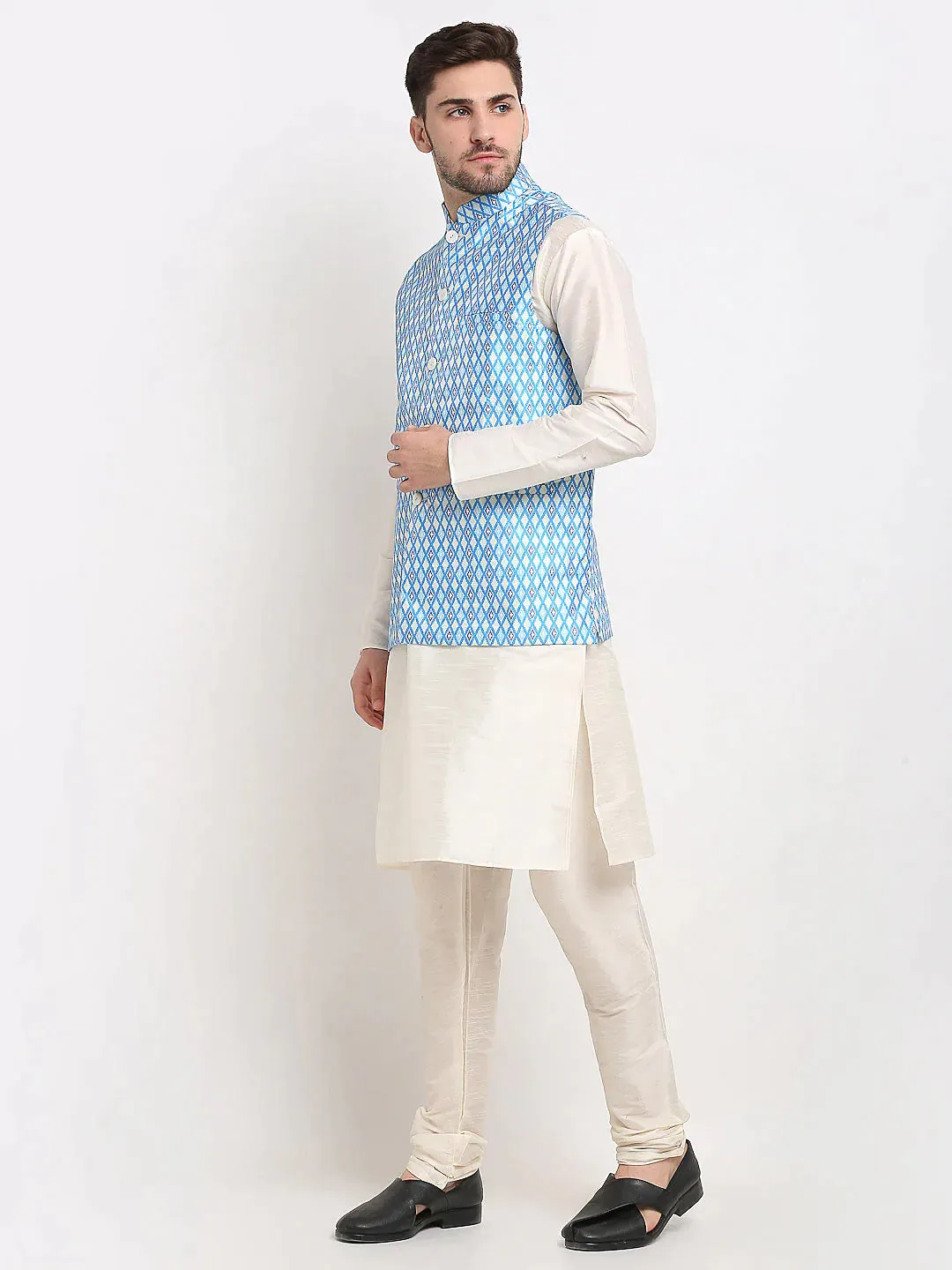 Men'S Ikat Print Nehru Jacket & Kurta Pyjama