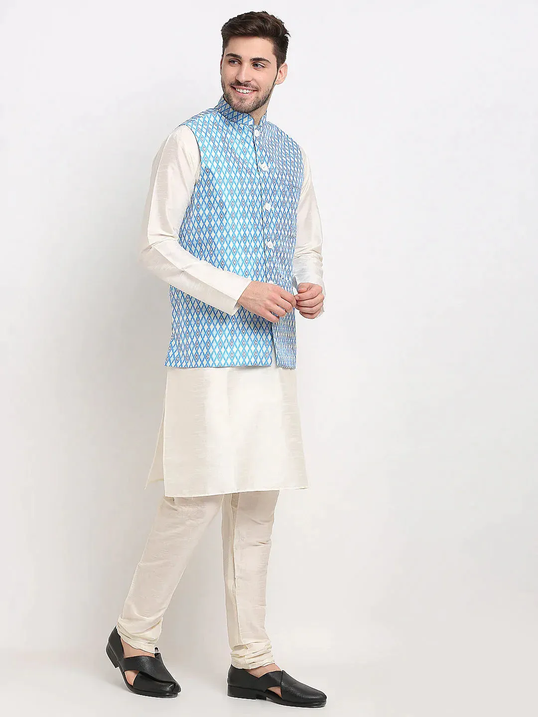 Men'S Ikat Print Nehru Jacket & Kurta Pyjama