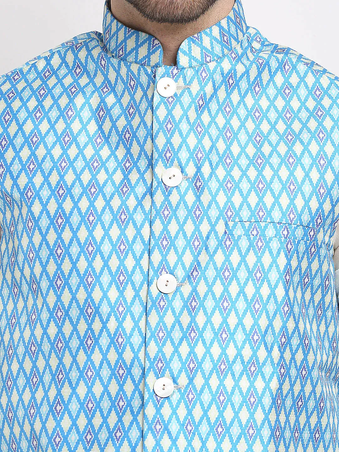 Men'S Ikat Print Nehru Jacket & Kurta Pyjama