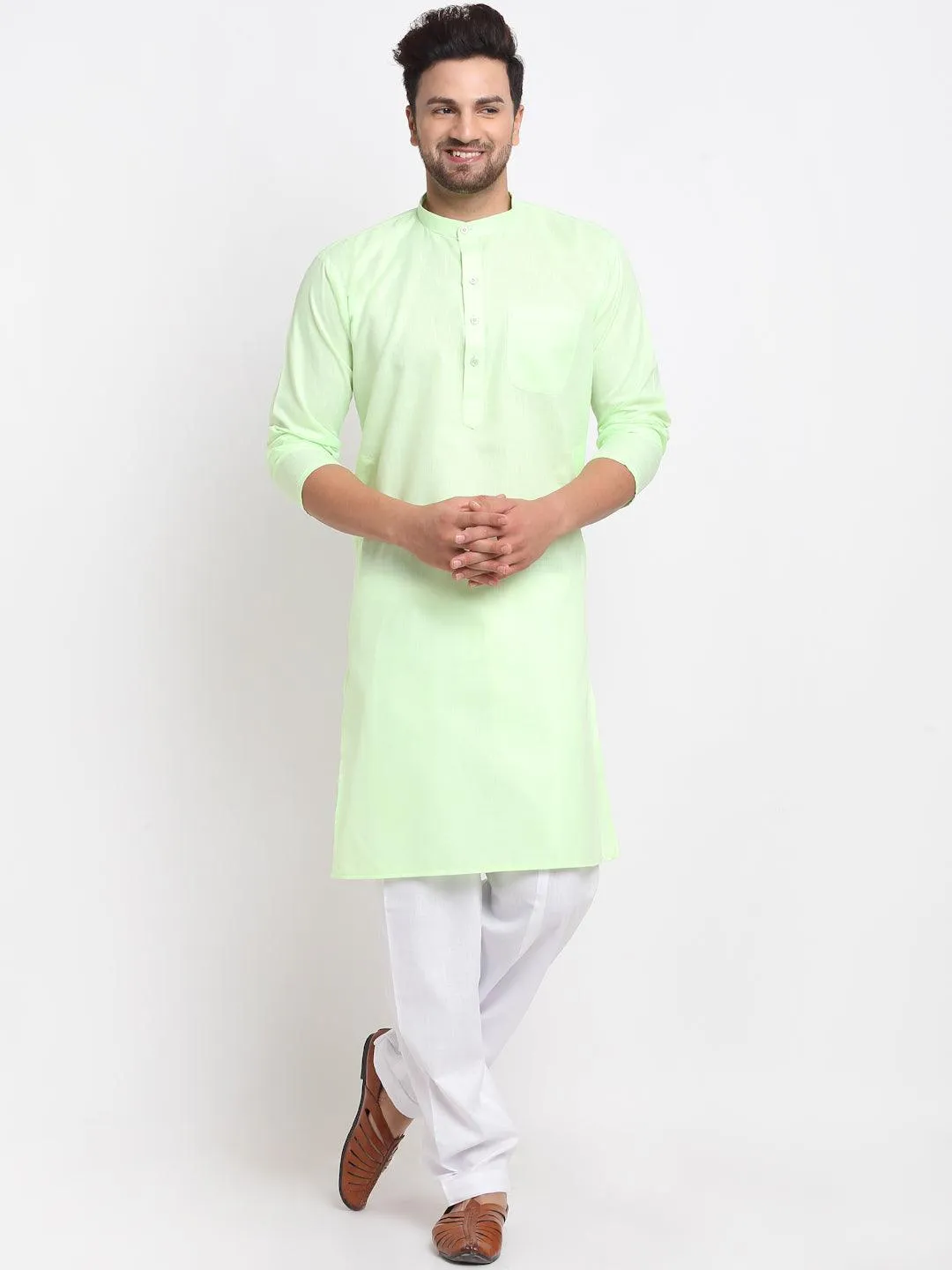 Men's Lime Green Solid Kurta With White Salwar - Benstoke