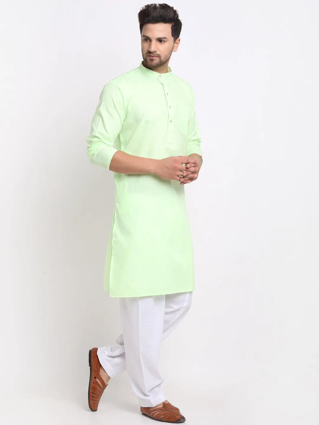 Men's Lime Green Solid Kurta With White Salwar - Benstoke