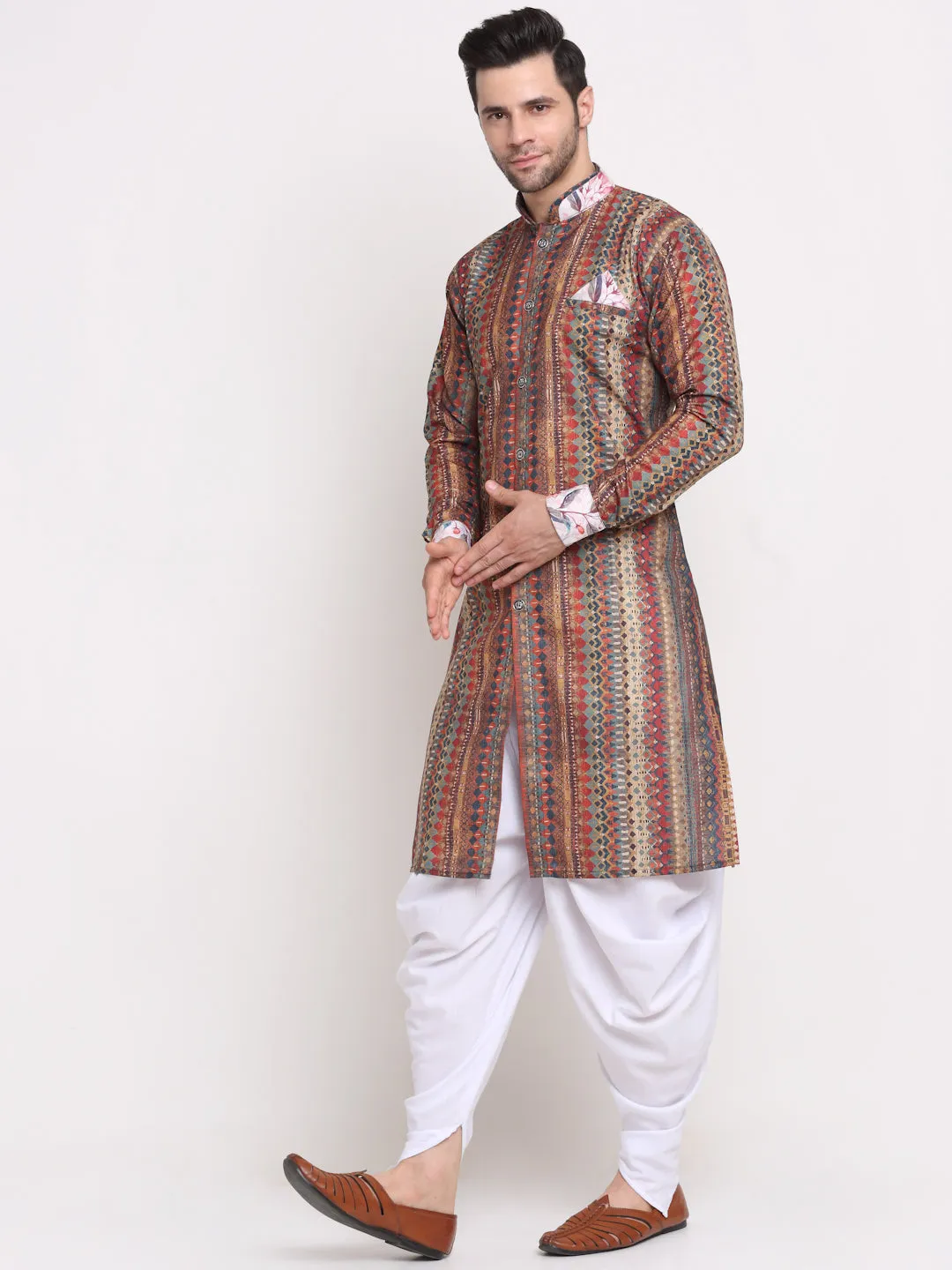 Men's Multi Printed Kurta With White Dhoti Pant - Benstoke